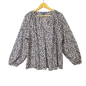 Old Navy Womens Bishop Sleeve‎ V Neck Floral Top Size 2X Blue White Boho Poplin